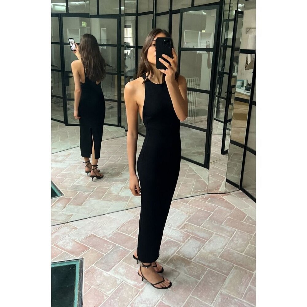 NWOT ZARA BLACK LONG STRETCH KNIT DRESS, SIZE: S
